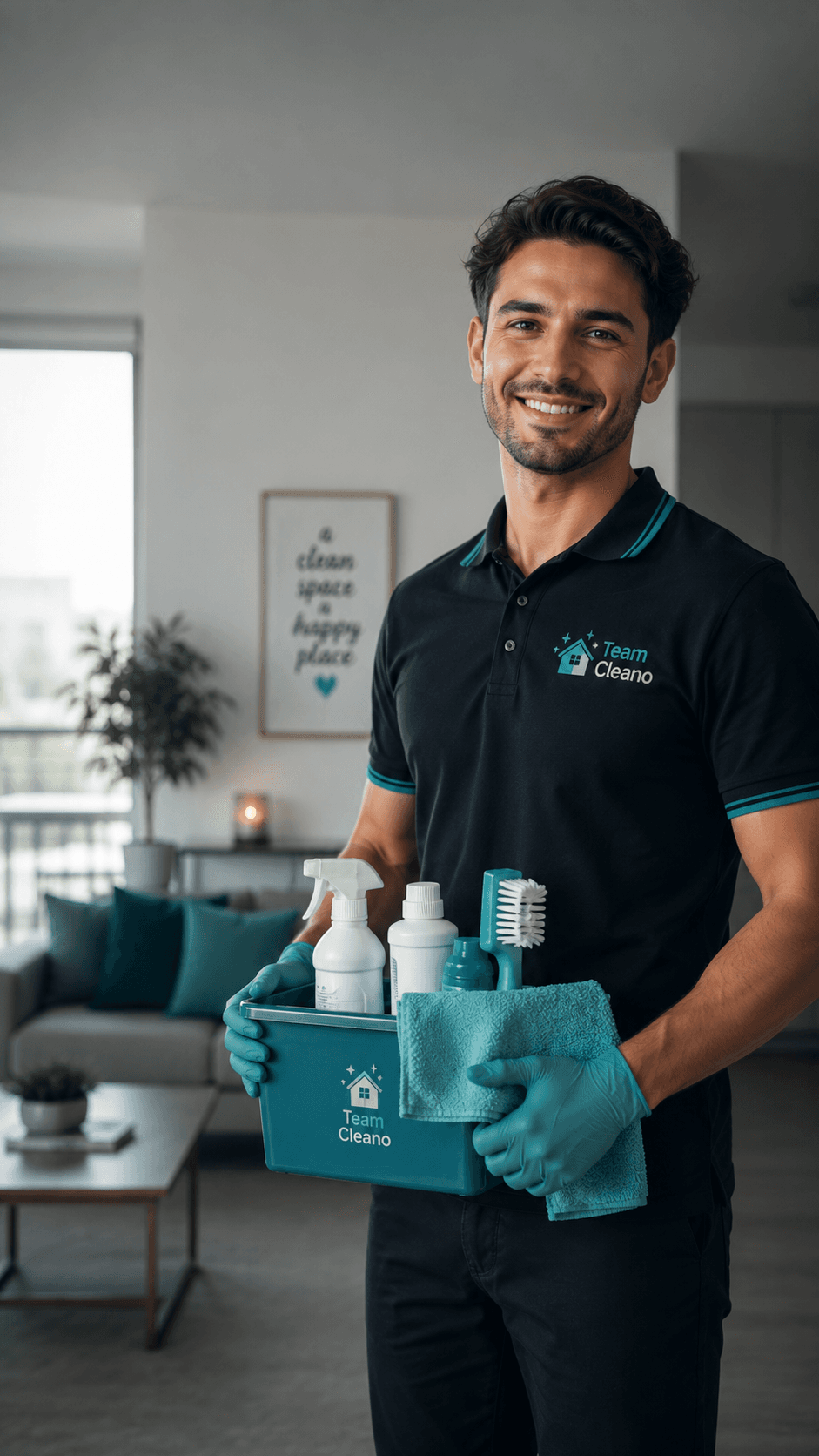 A cleaner in uniform holding a stocked caddy in a customer's living room